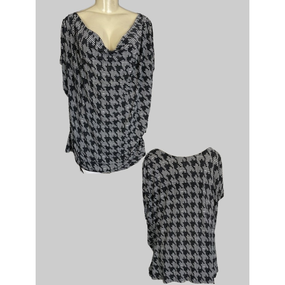 Lane Bryant 2X Black White Houndstooth Cowl Neckline Ruching Short Dolman Sleeve